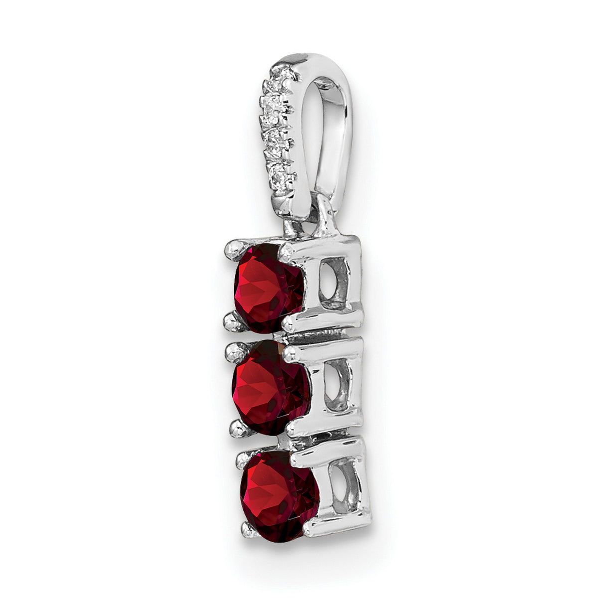 14k White Gold Pendant with Garnet and Diamond Accent, Vertical Trio Drop Design
