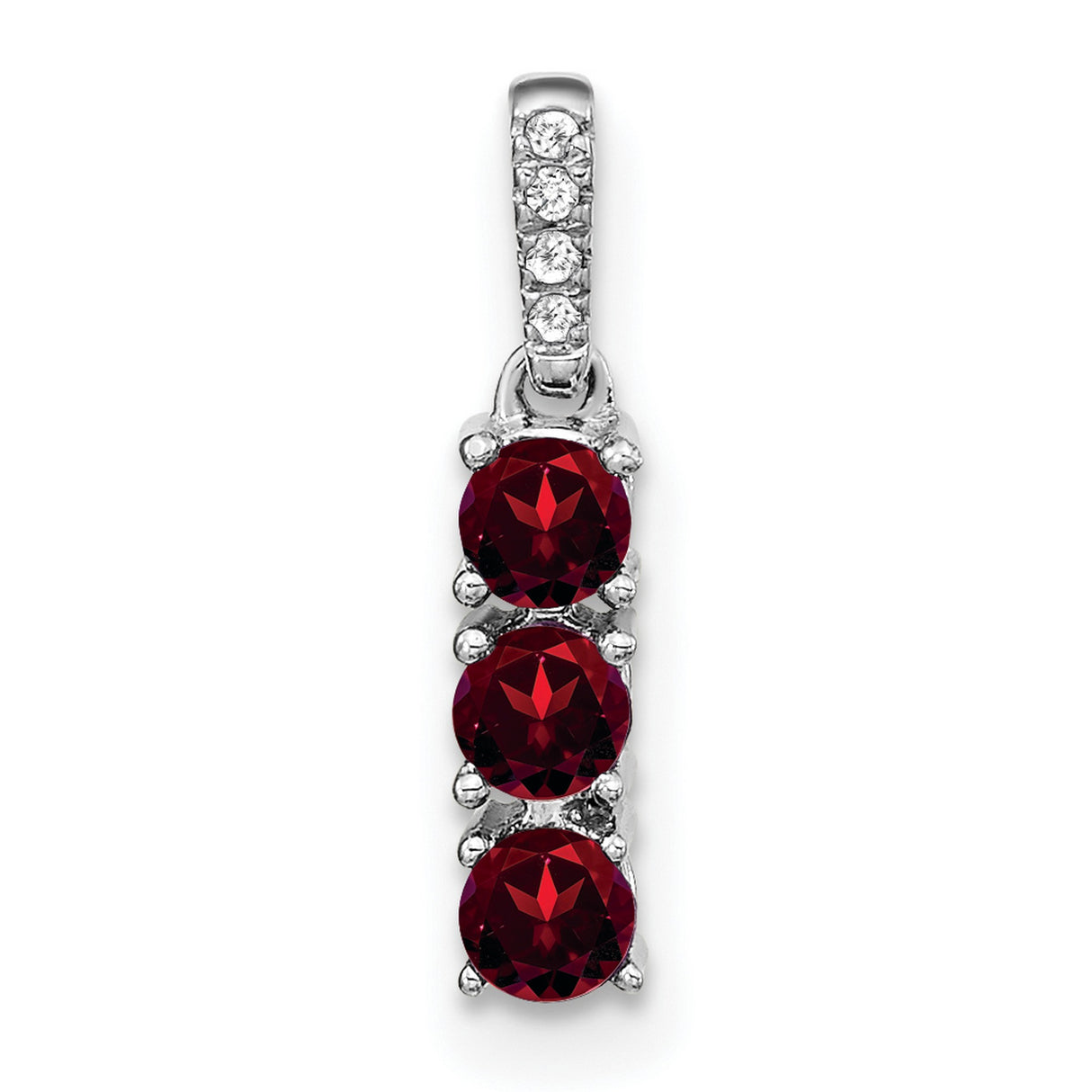14k White Gold Pendant with Garnet and Diamond Accent, Vertical Trio Drop Design