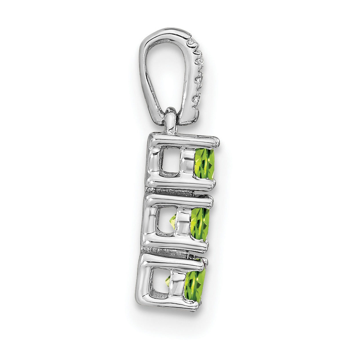 14k White Gold Pendant with Green Peridots, Diamond Accented Bail, Three-Stone Vertical Design