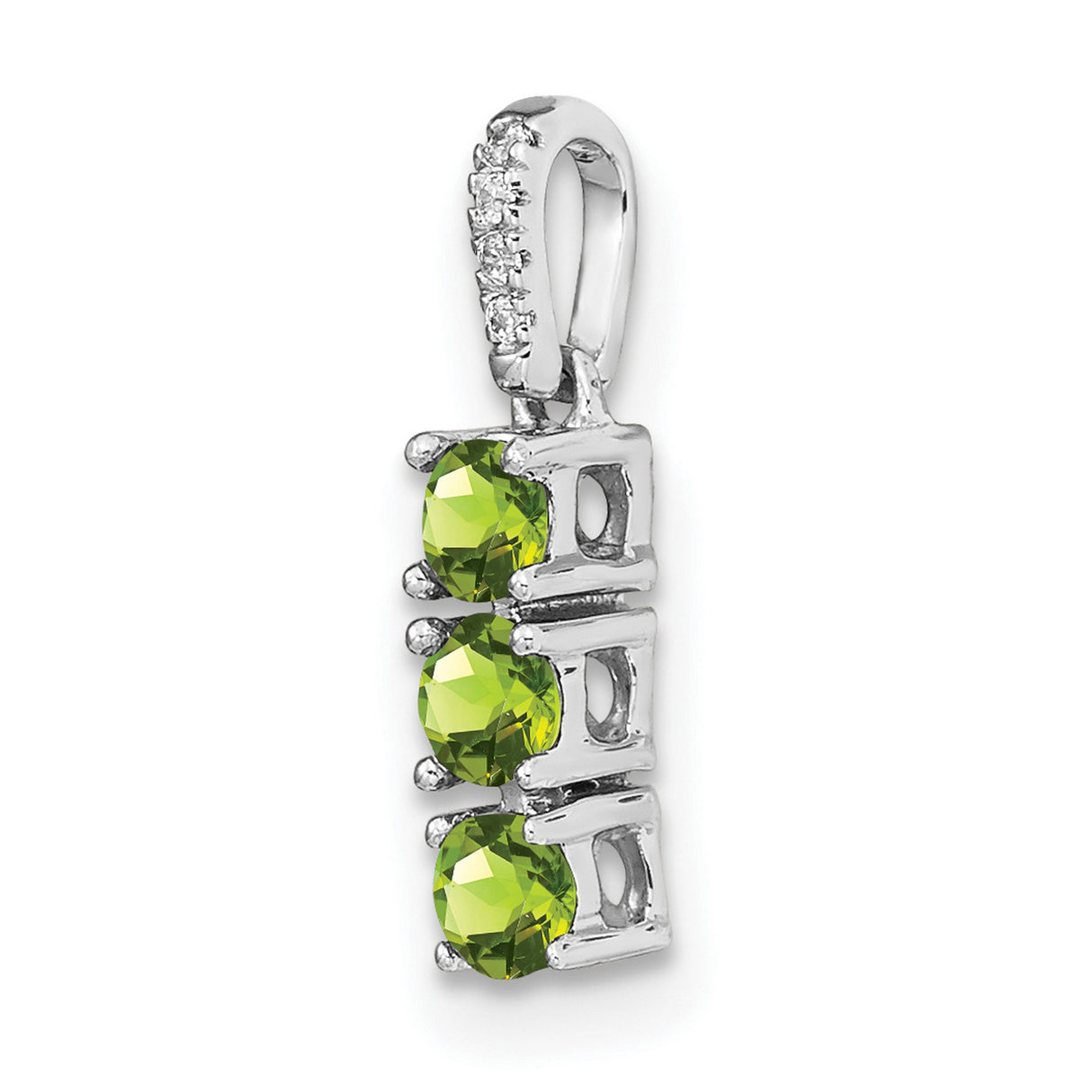 14k White Gold Pendant with Green Peridots, Diamond Accented Bail, Three-Stone Vertical Design