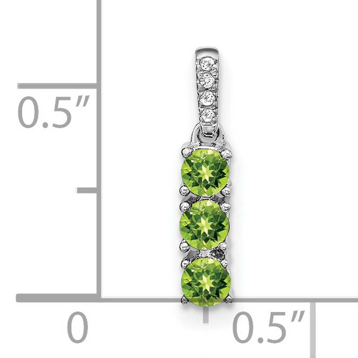 14k White Gold Pendant with Green Peridots, Diamond Accented Bail, Three-Stone Vertical Design