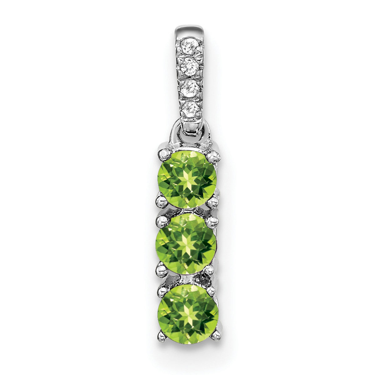 14k White Gold Pendant with Green Peridots, Diamond Accented Bail, Three-Stone Vertical Design
