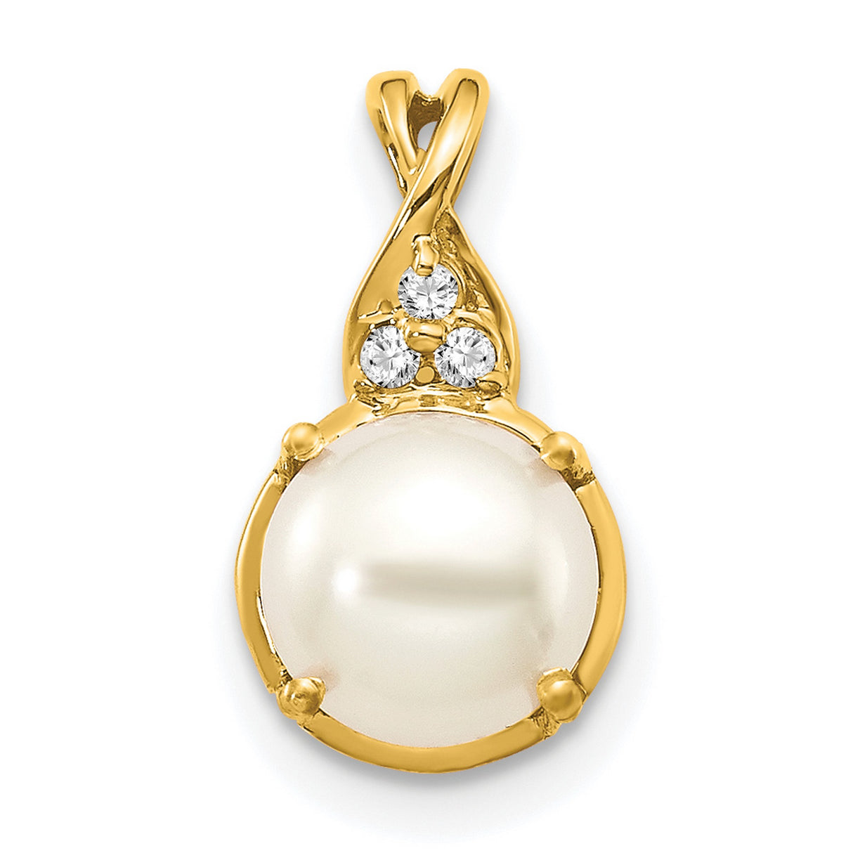 14k Yellow Gold Pendant with Round White Pearl and Diamond Floral Cluster Design