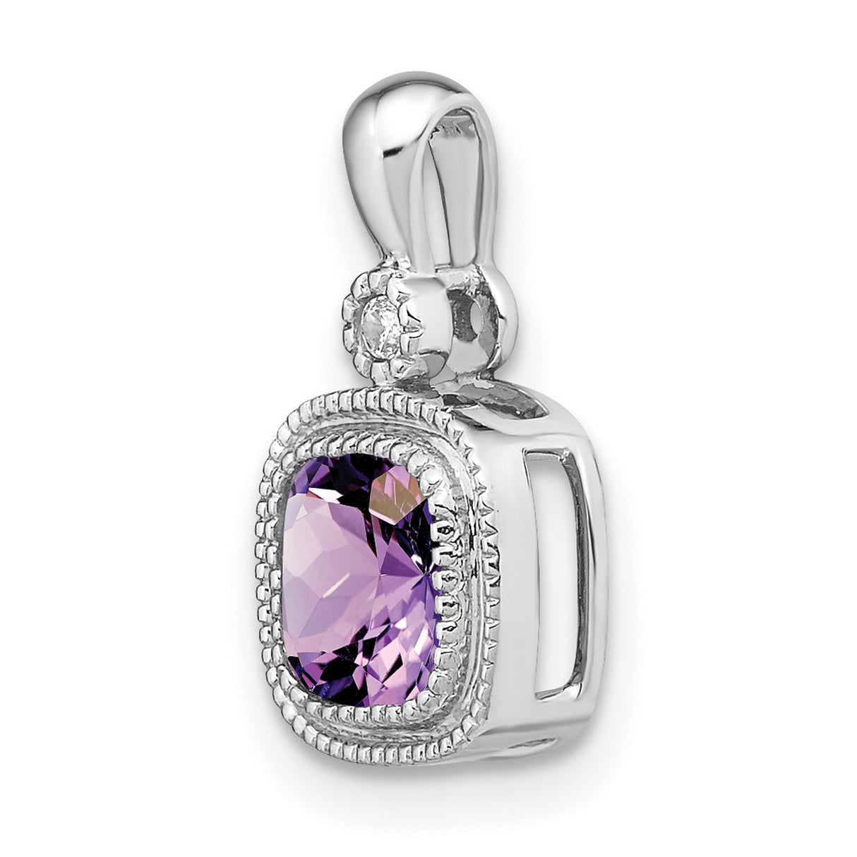 14k White Gold Amethyst Pendant with Diamond Accent, Cushion Cut Halo Style for Women