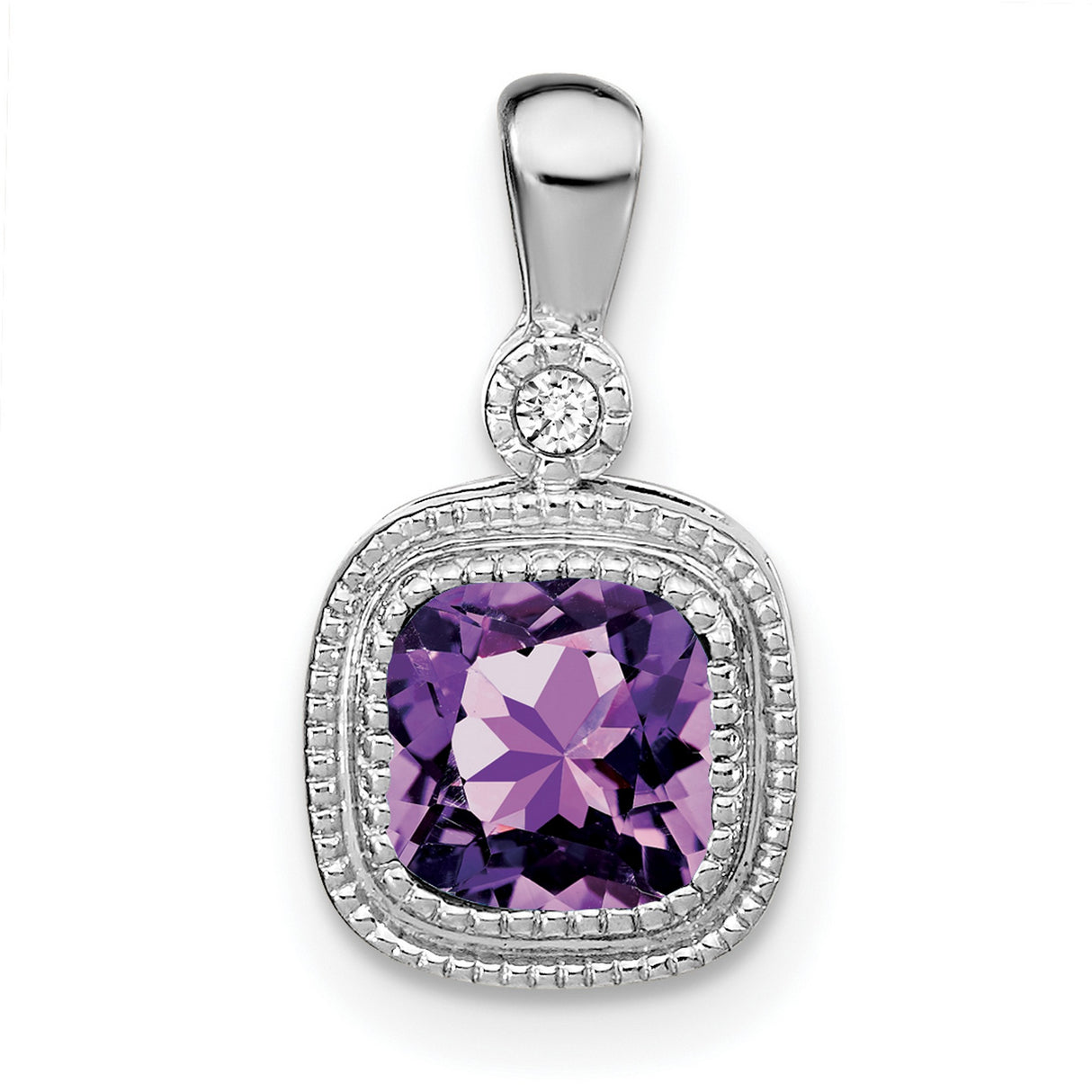 14k White Gold Amethyst Pendant with Diamond Accent, Cushion Cut Halo Style for Women