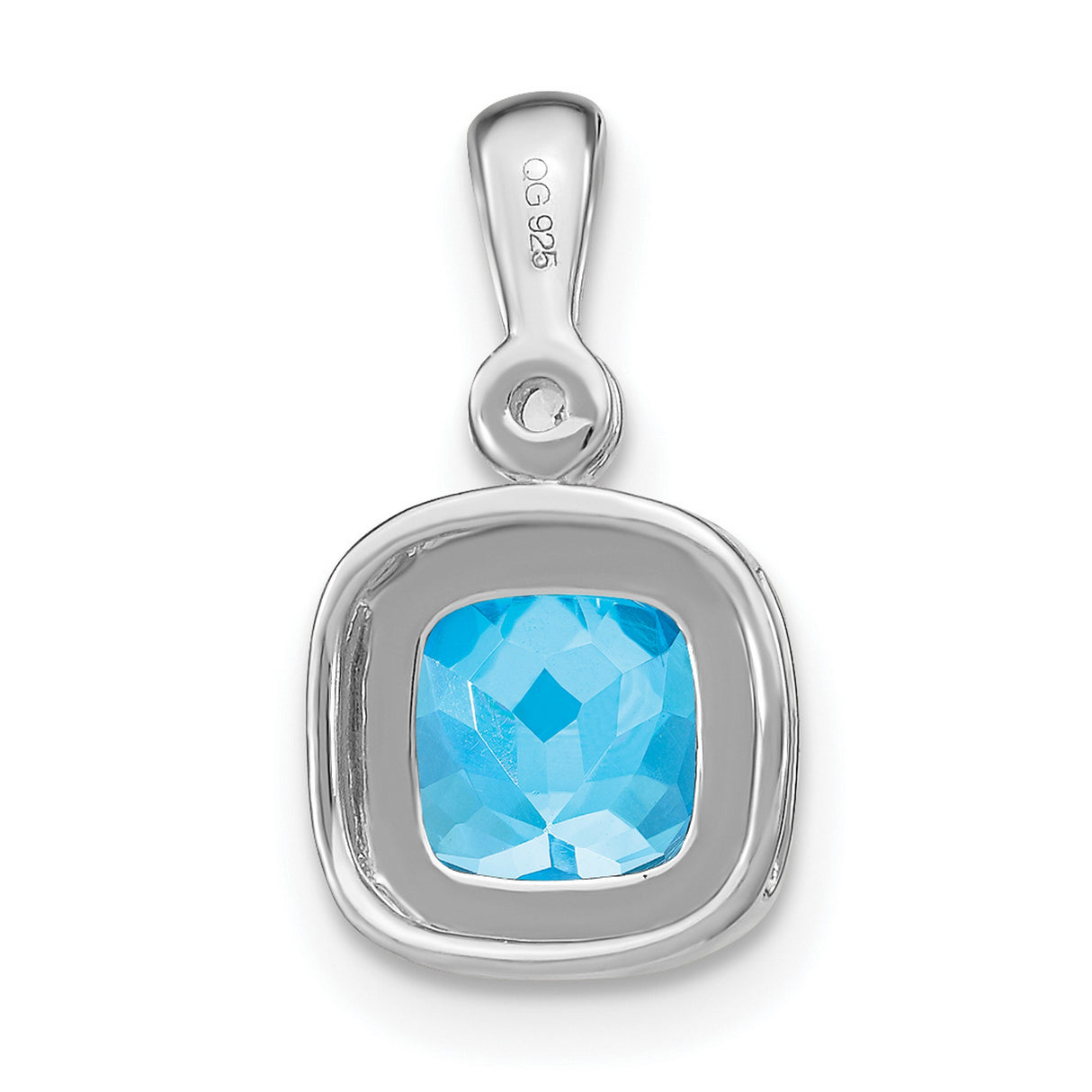 14k White Gold Pendant with Cushion Cut Swiss Blue Topaz and Diamond Halo