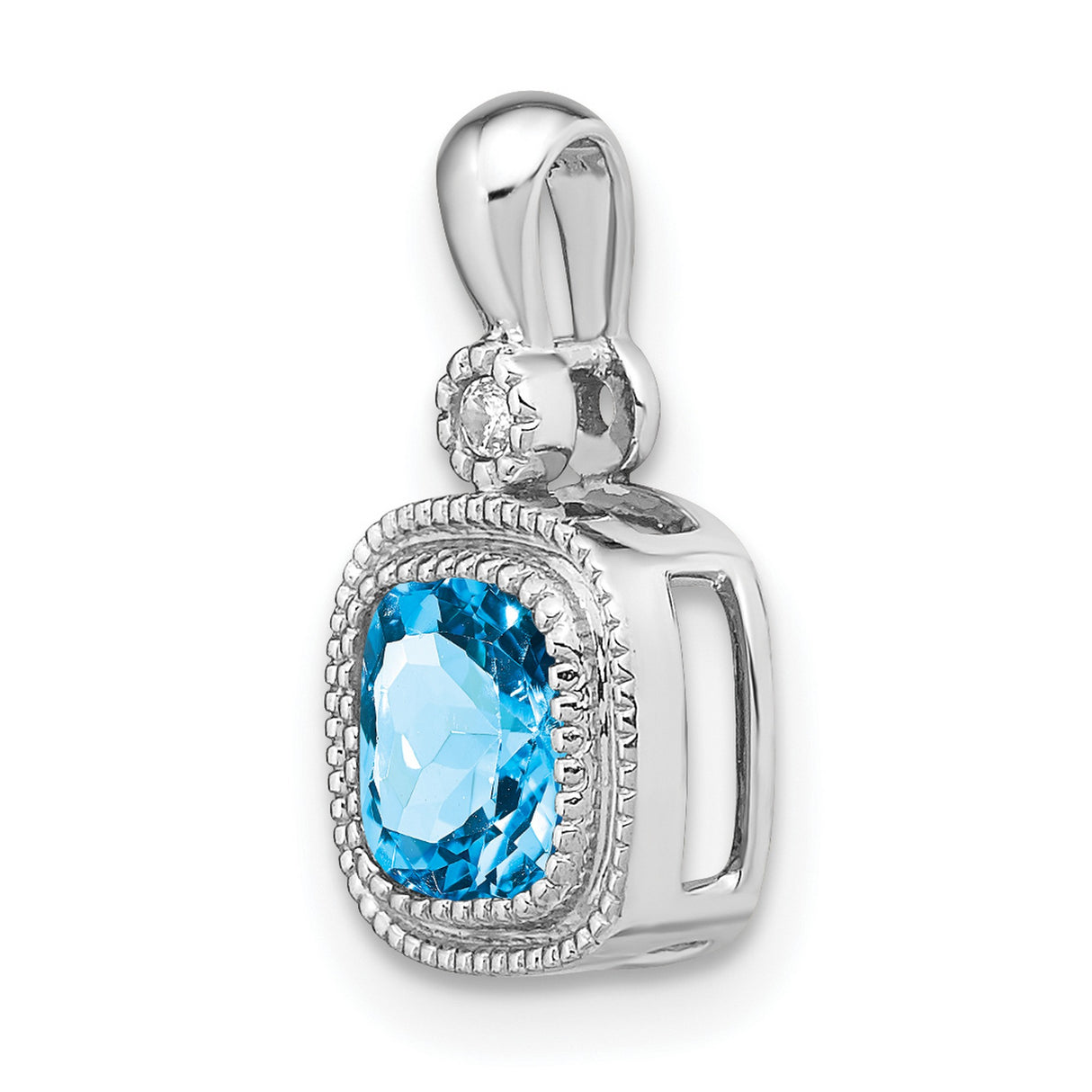 14k White Gold Pendant with Cushion Cut Swiss Blue Topaz and Diamond Halo