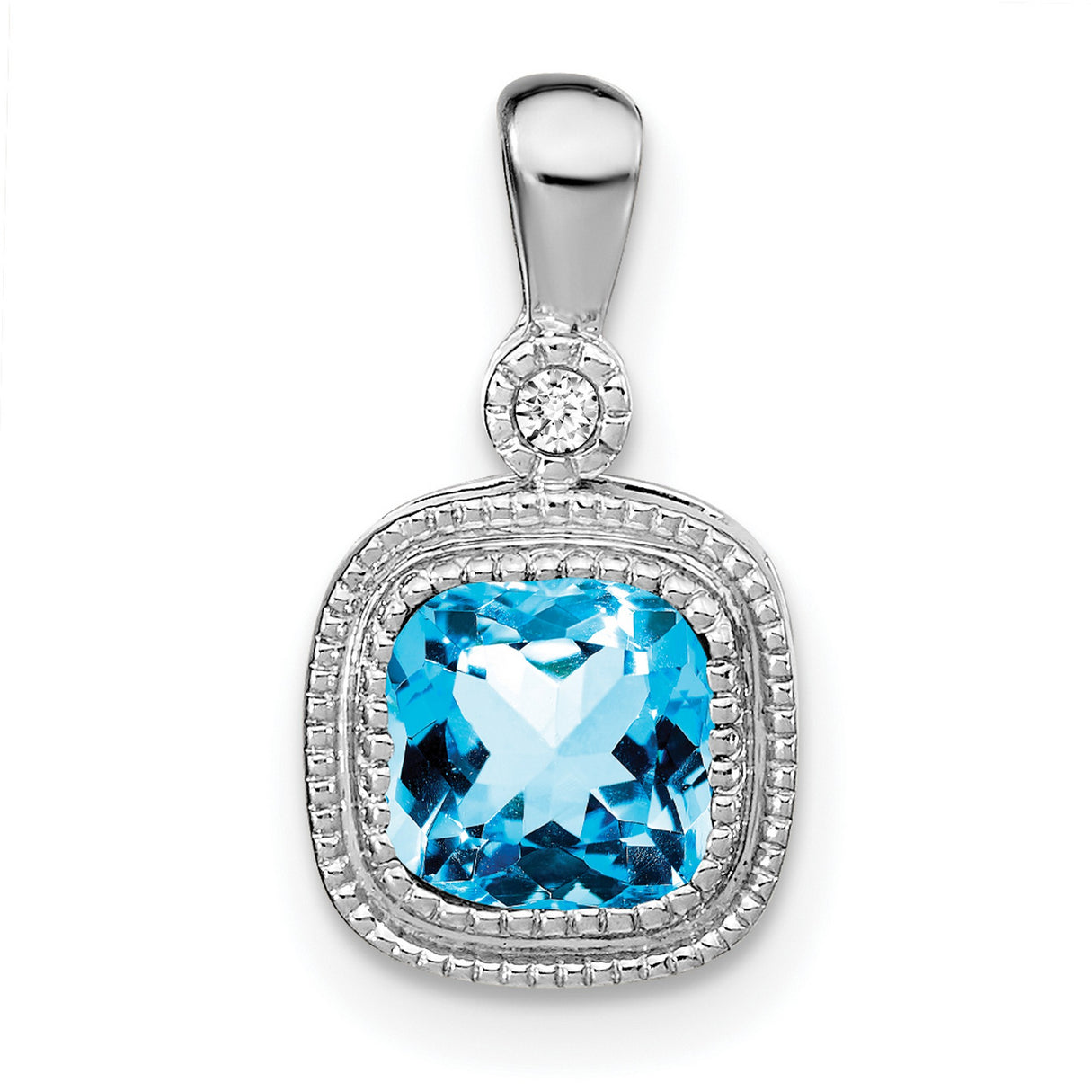 14k White Gold Pendant with Cushion Cut Swiss Blue Topaz and Diamond Halo