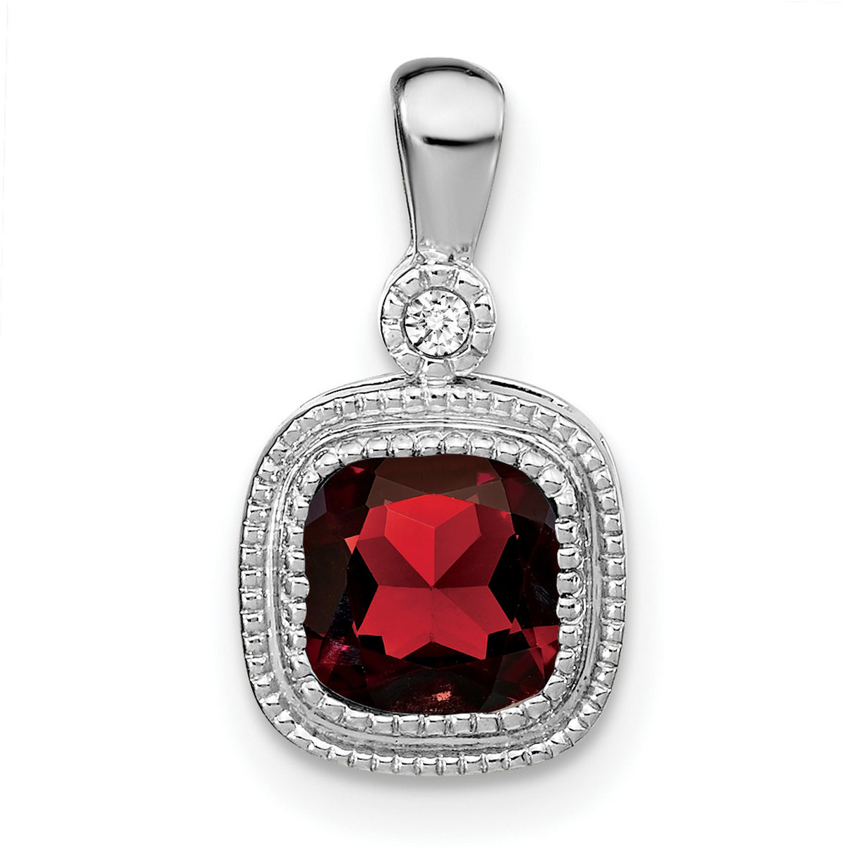 14k White Gold Pendant with Cushion Cut Garnet and Diamond Accent, Vintage Inspired