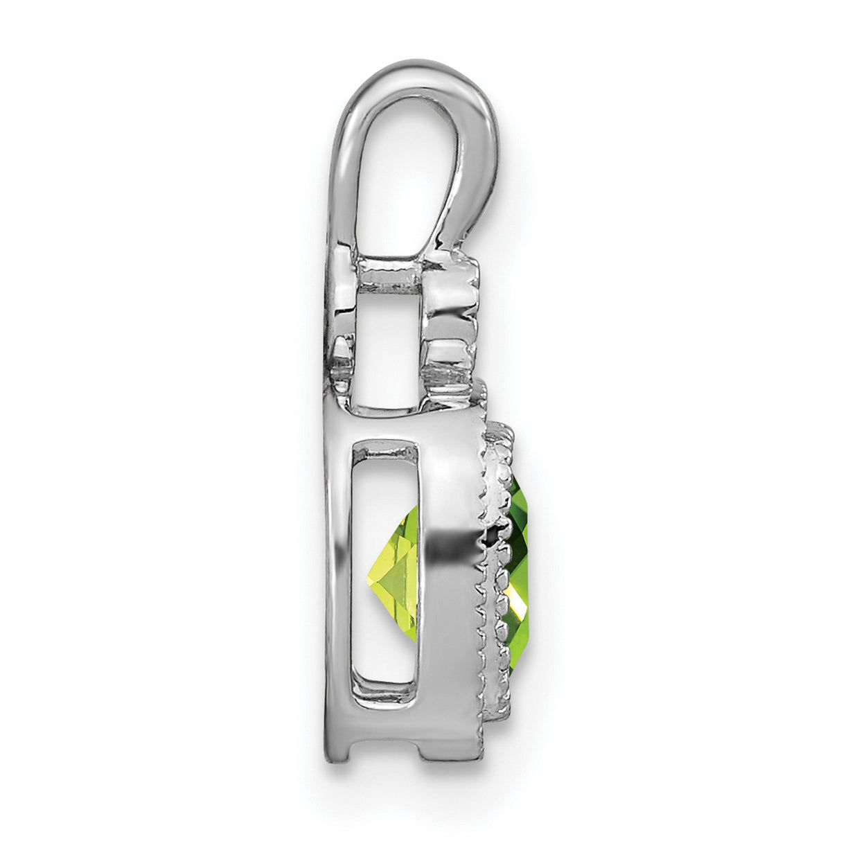 14k White Gold Pendant with Cushion Cut Peridot and Diamond Accents, Vintage Milgrain Design