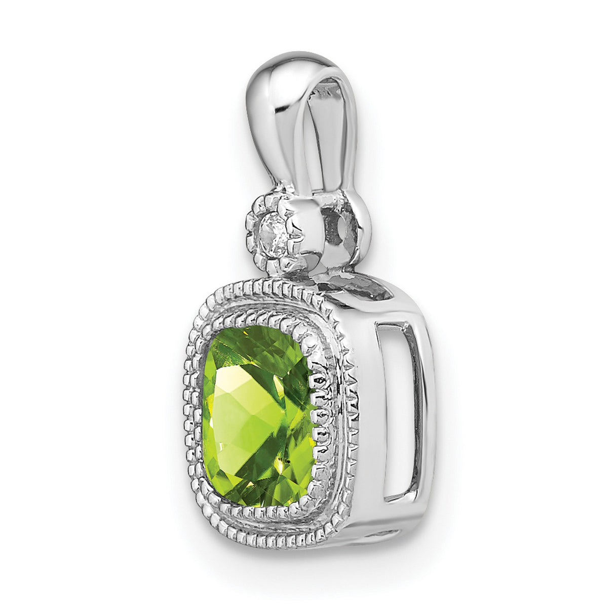 14k White Gold Pendant with Cushion Cut Peridot and Diamond Accents, Vintage Milgrain Design