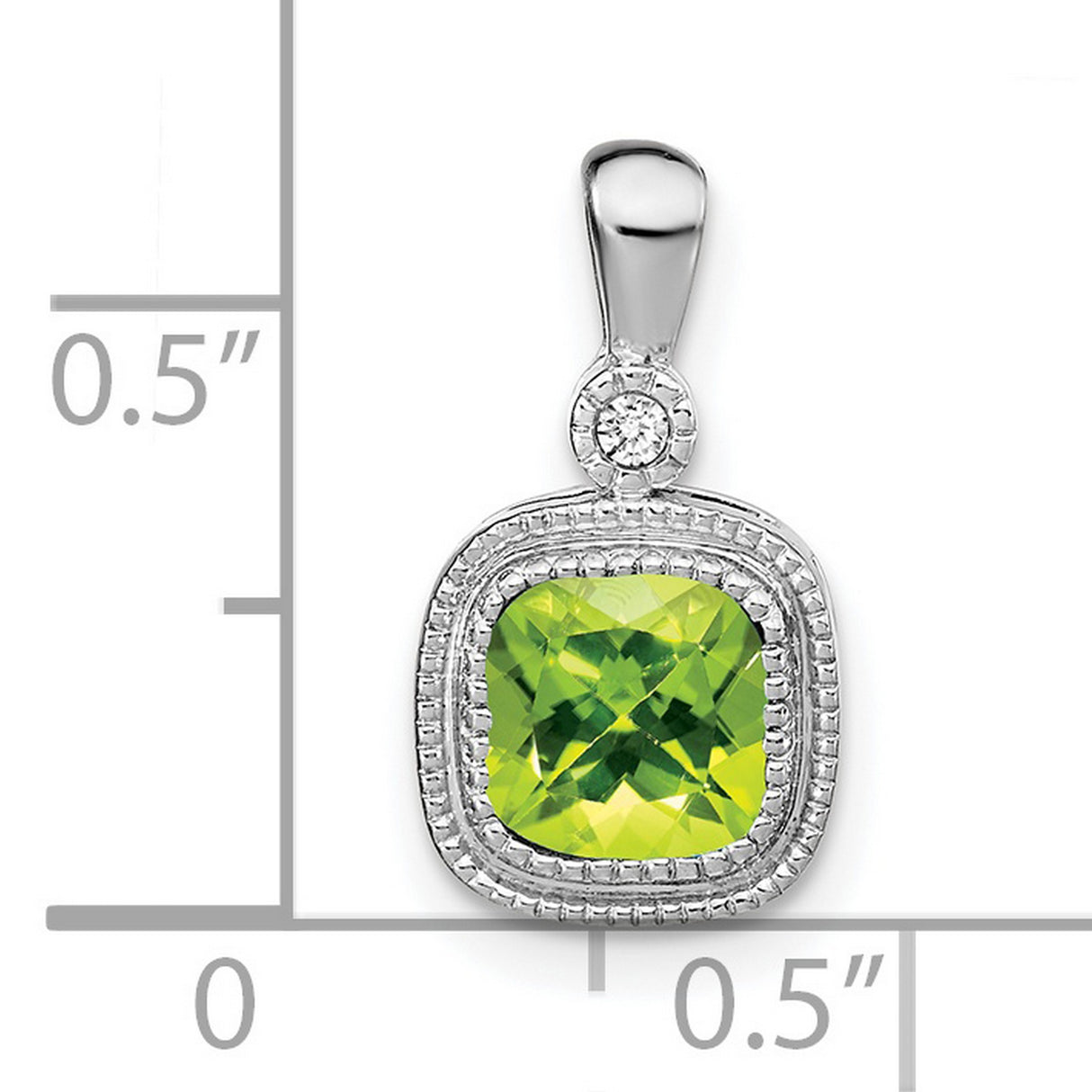 14k White Gold Pendant with Cushion Cut Peridot and Diamond Accents, Vintage Milgrain Design
