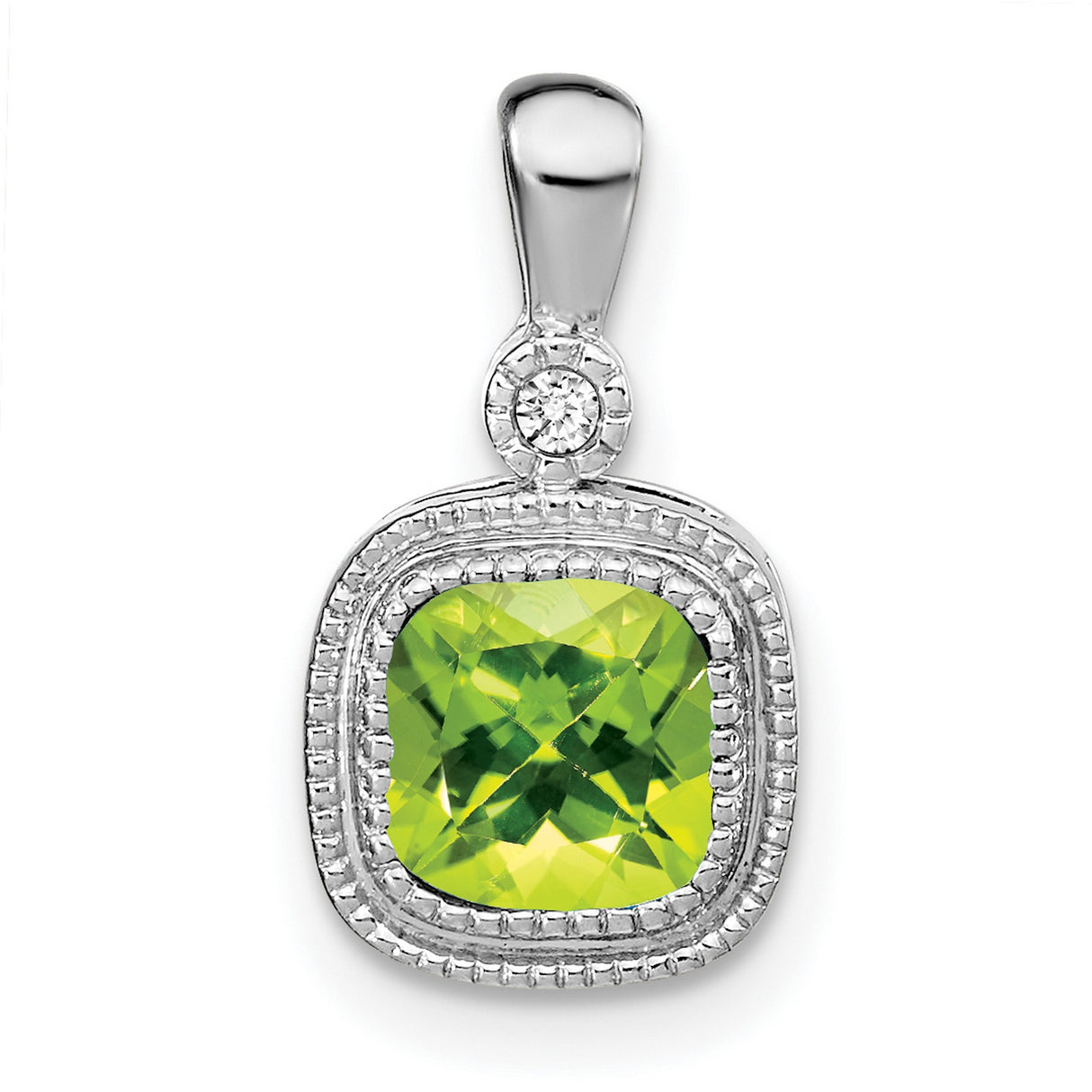 14k White Gold Pendant with Cushion Cut Peridot and Diamond Accents, Vintage Milgrain Design