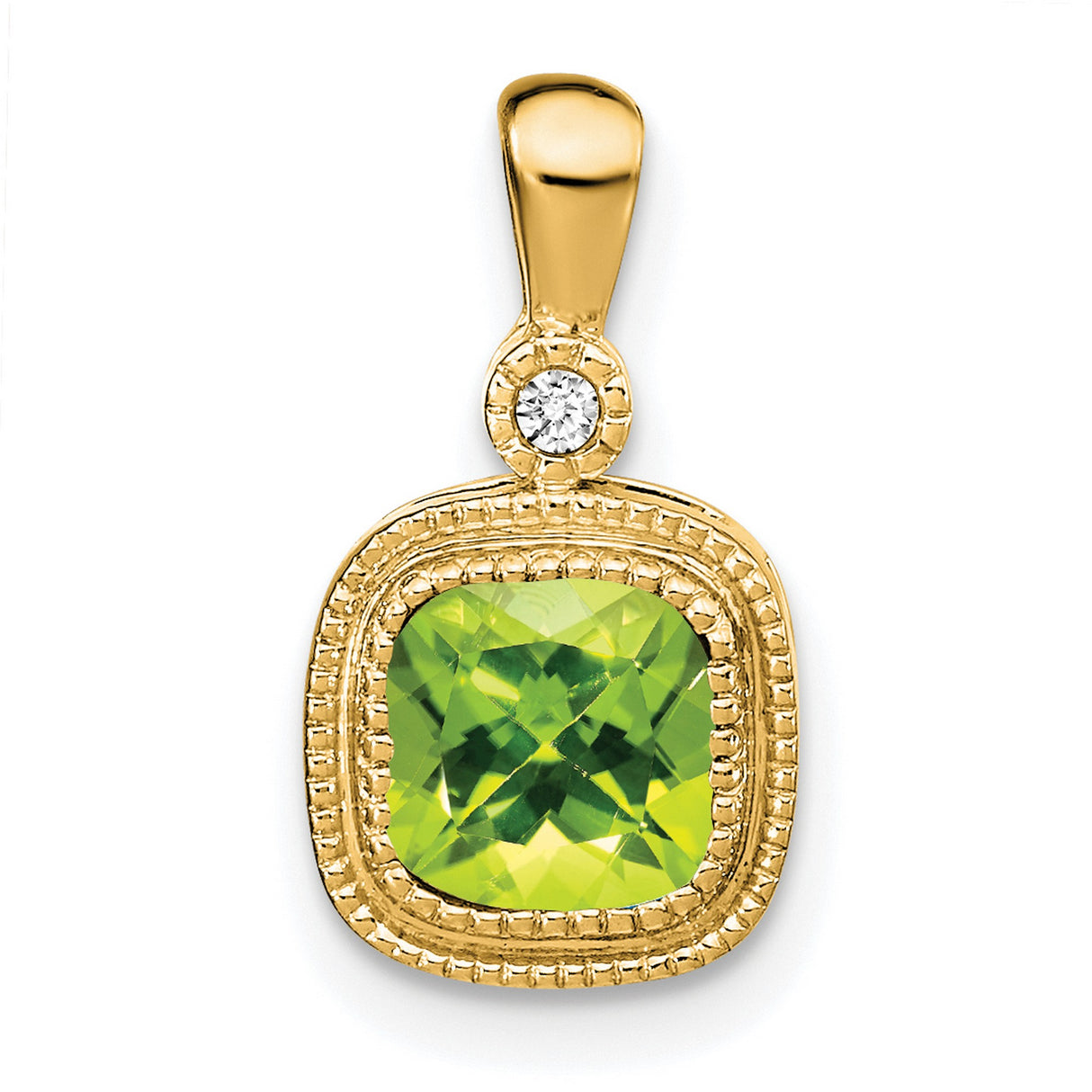 14k Yellow Gold Pendant with Cushion Cut Peridot and Diamond Accent, Vintage Inspired