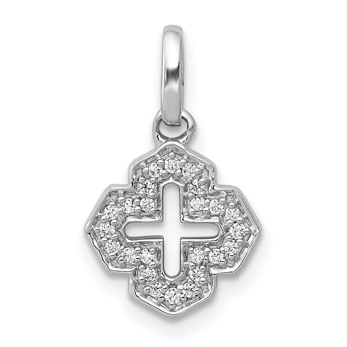 14k White Gold Cross Pendant with Diamond Accents, Cut-Out Christian Design for Women