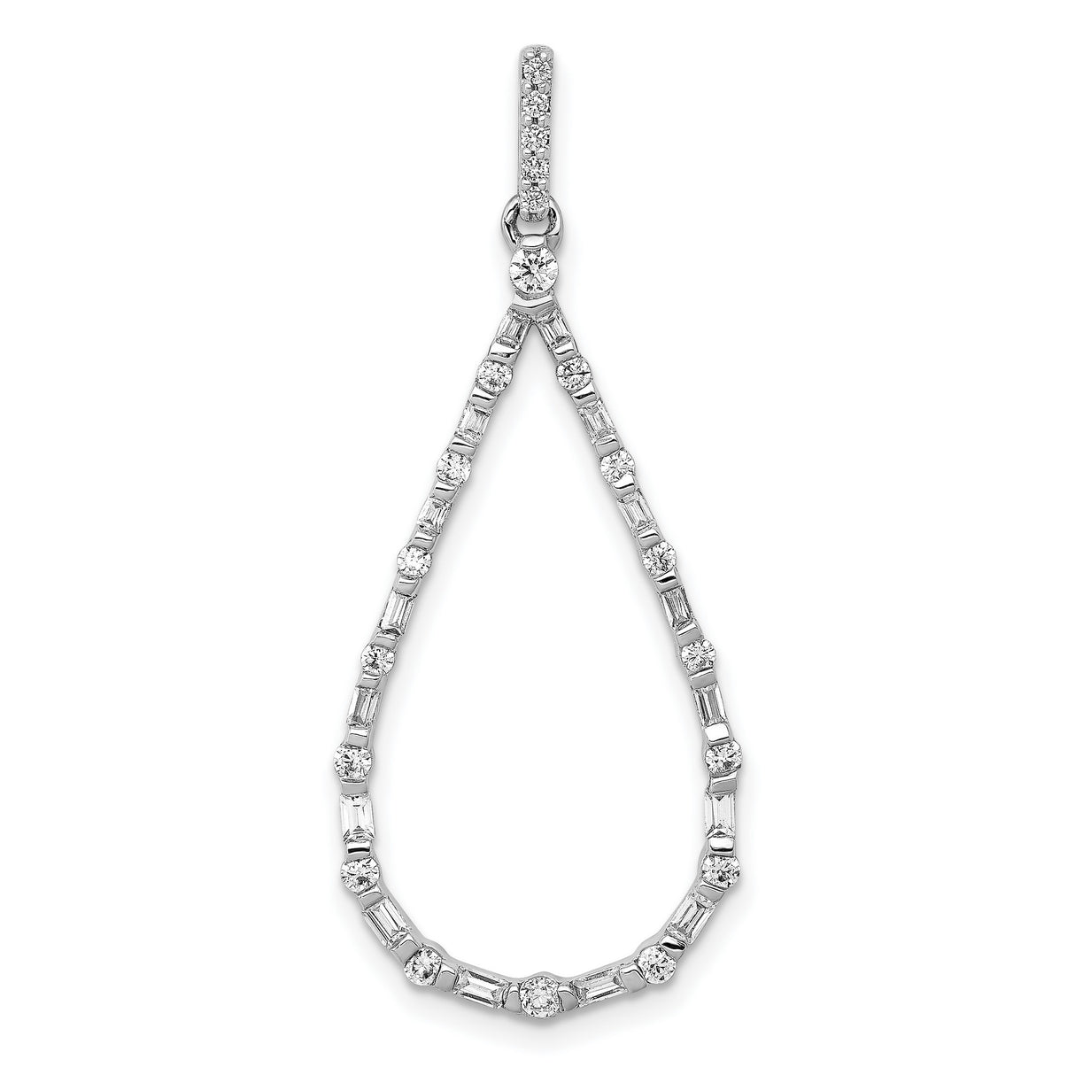 14k White Gold Teardrop Pendant with Round and Baguette Diamonds, Open Design Jewelry for Women
