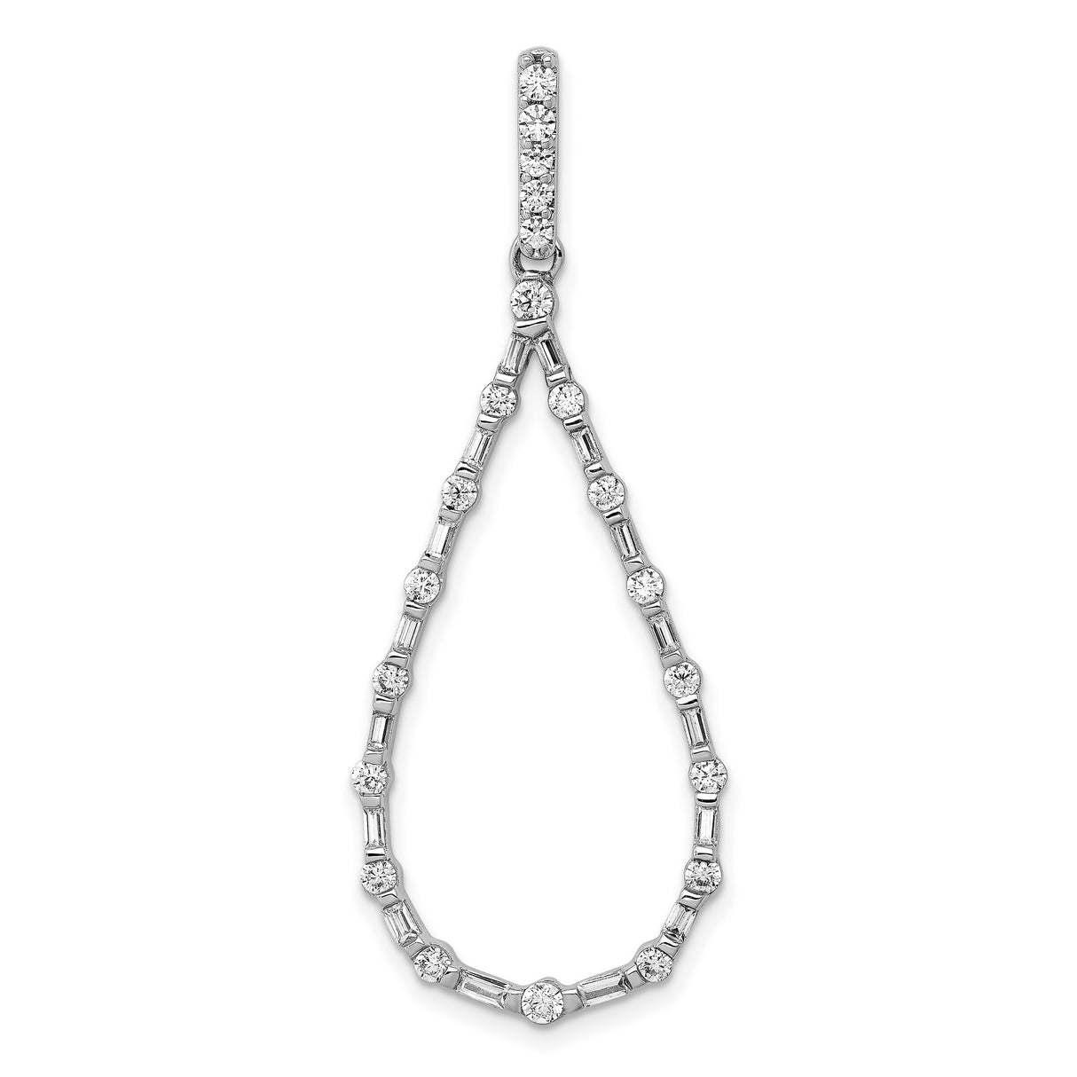 14k White Gold Diamond Teardrop Pendant with Baguette and Round Diamonds in Open Drop Design