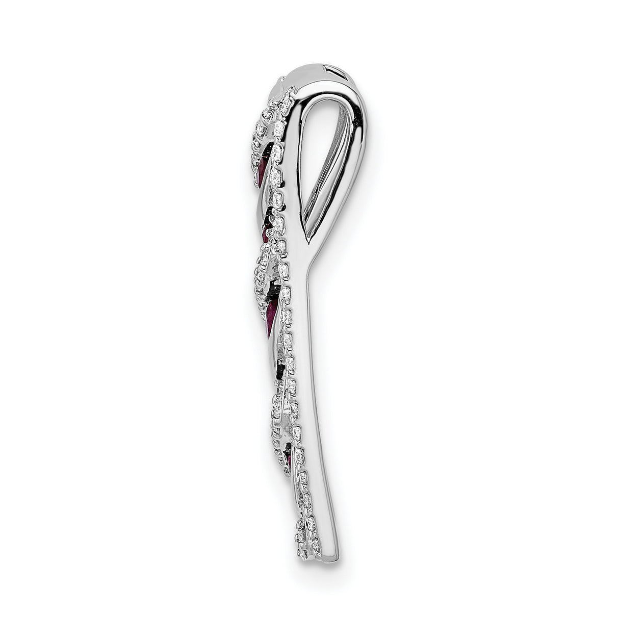14k White Gold Pendant with Round Ruby, Swirling Ribbon Design, Diamond Accents