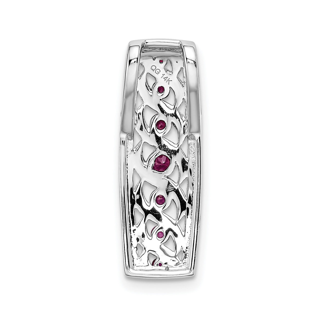 14k White Gold Pendant with Round Ruby, Swirling Ribbon Design, Diamond Accents