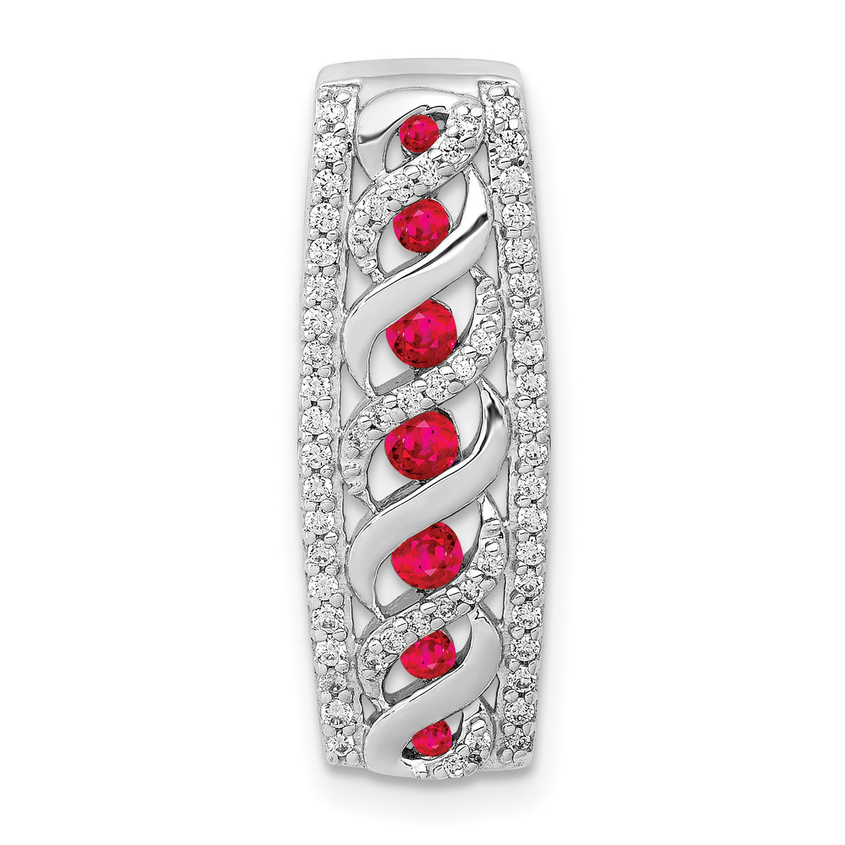 14k White Gold Pendant with Round Ruby, Swirling Ribbon Design, Diamond Accents