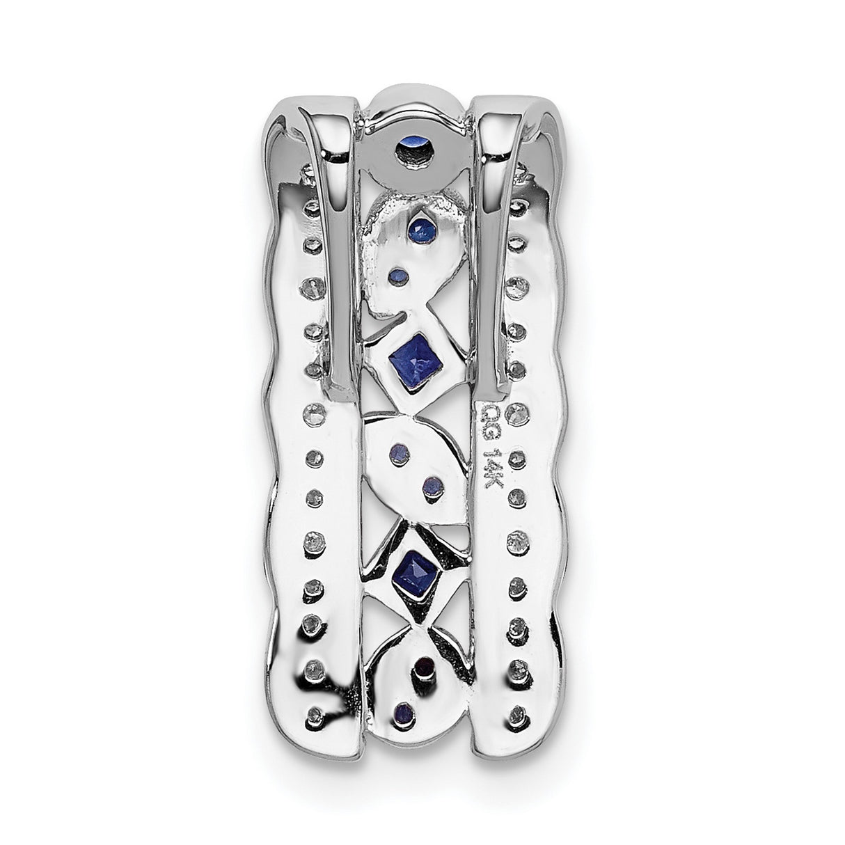 14k White Gold Slide Pendant with Square Blue Sapphires and Teardrop Accents, Pave Diamonds