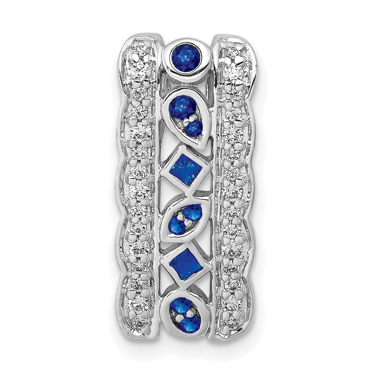 14k White Gold Slide Pendant with Square Blue Sapphires and Teardrop Accents, Pave Diamonds