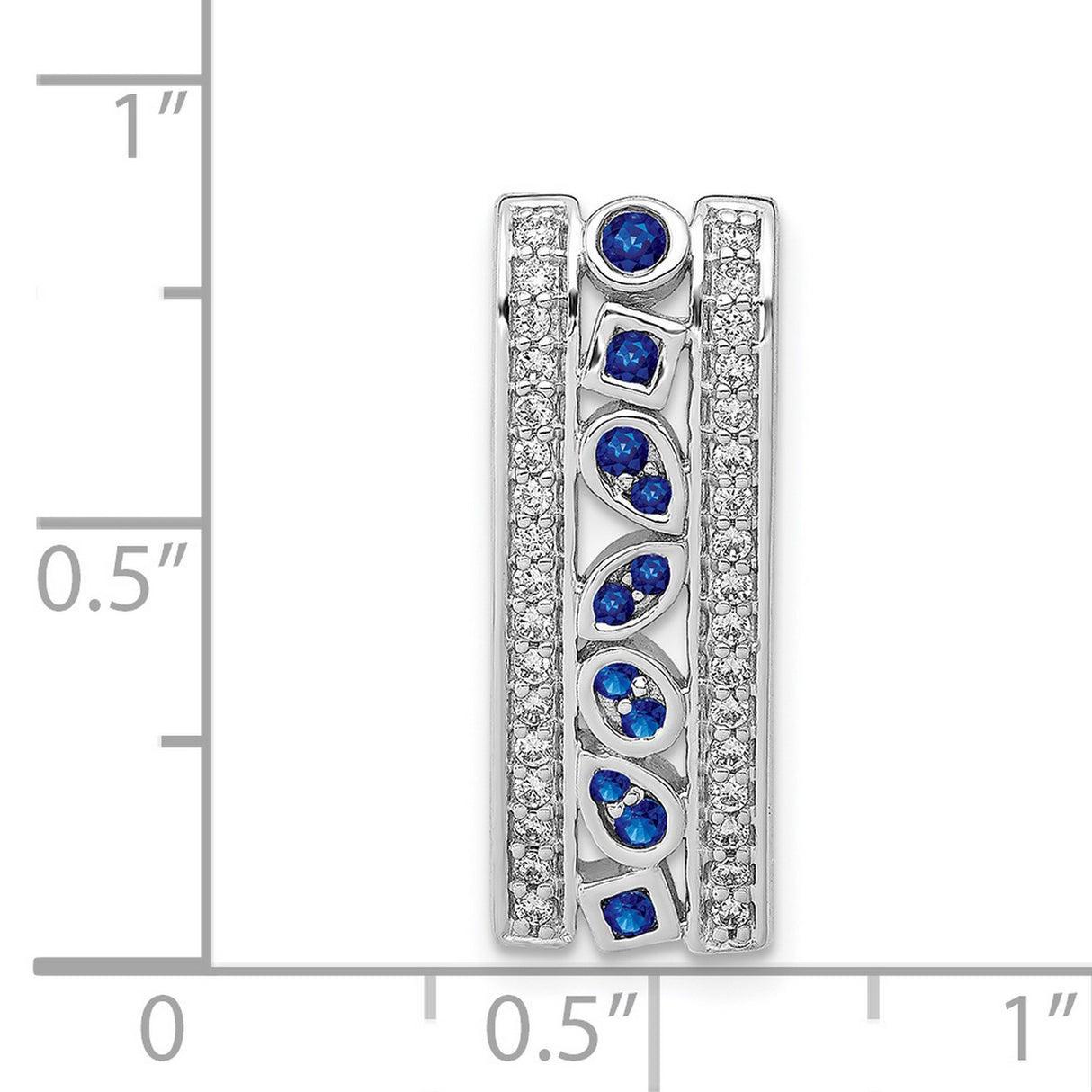 14k White Gold Pendant with Vertical Blue Sapphires, Leaf Accents, and Diamond Borders