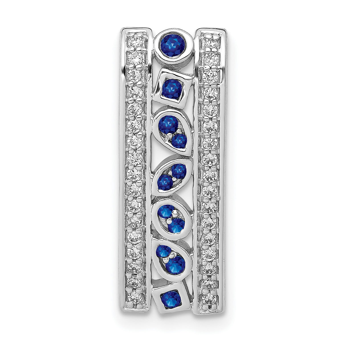14k White Gold Pendant with Vertical Blue Sapphires, Leaf Accents, and Diamond Borders