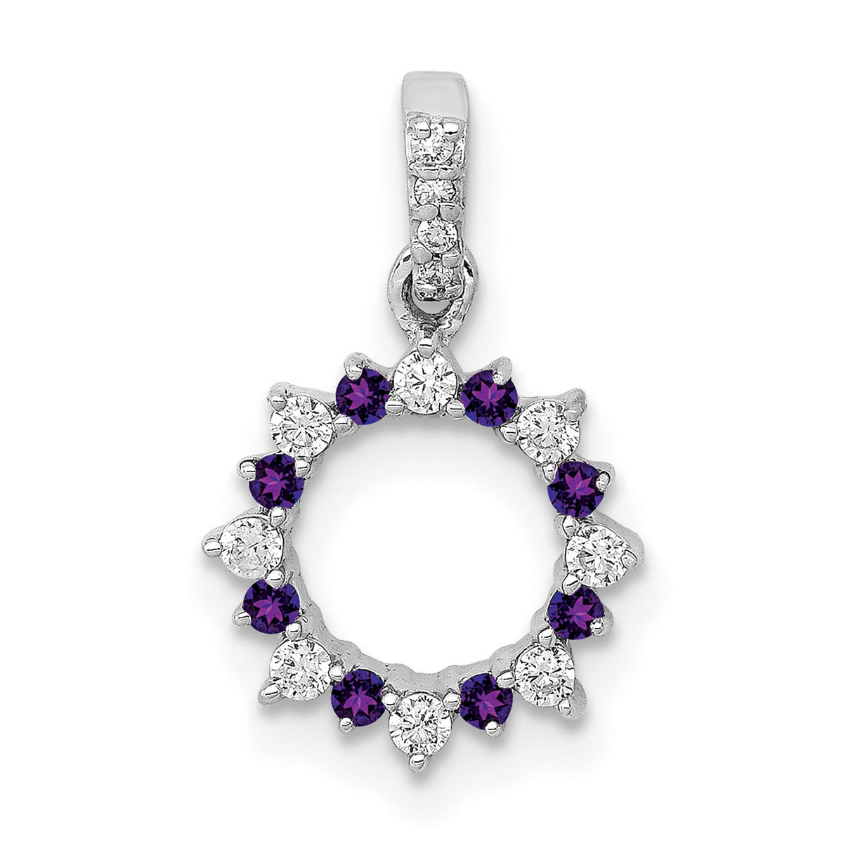 14k White Gold Circle Pendant with Amethyst and Diamond, Modern Fine Jewelry for Women