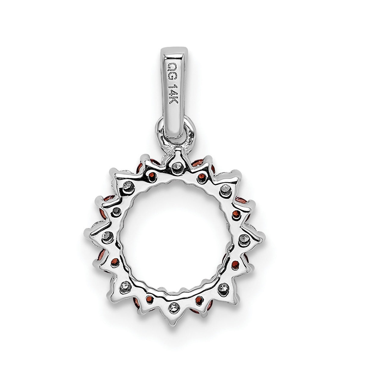 14k White Gold Circle Pendant with Garnet and Diamond, Sunburst Wreath Design
