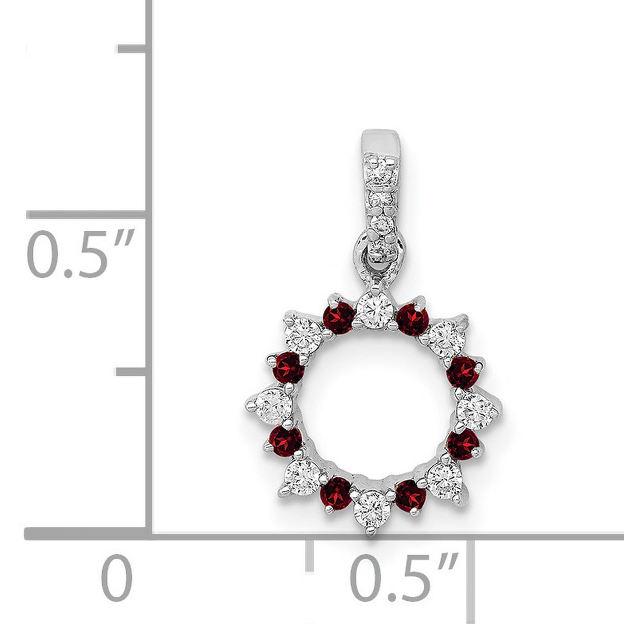 14k White Gold Circle Pendant with Garnet and Diamond, Sunburst Wreath Design