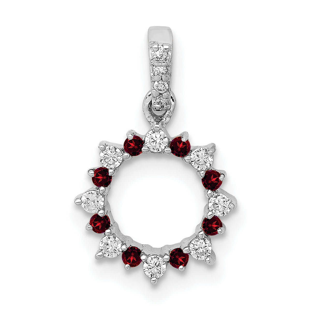 14k White Gold Circle Pendant with Garnet and Diamond, Sunburst Wreath Design