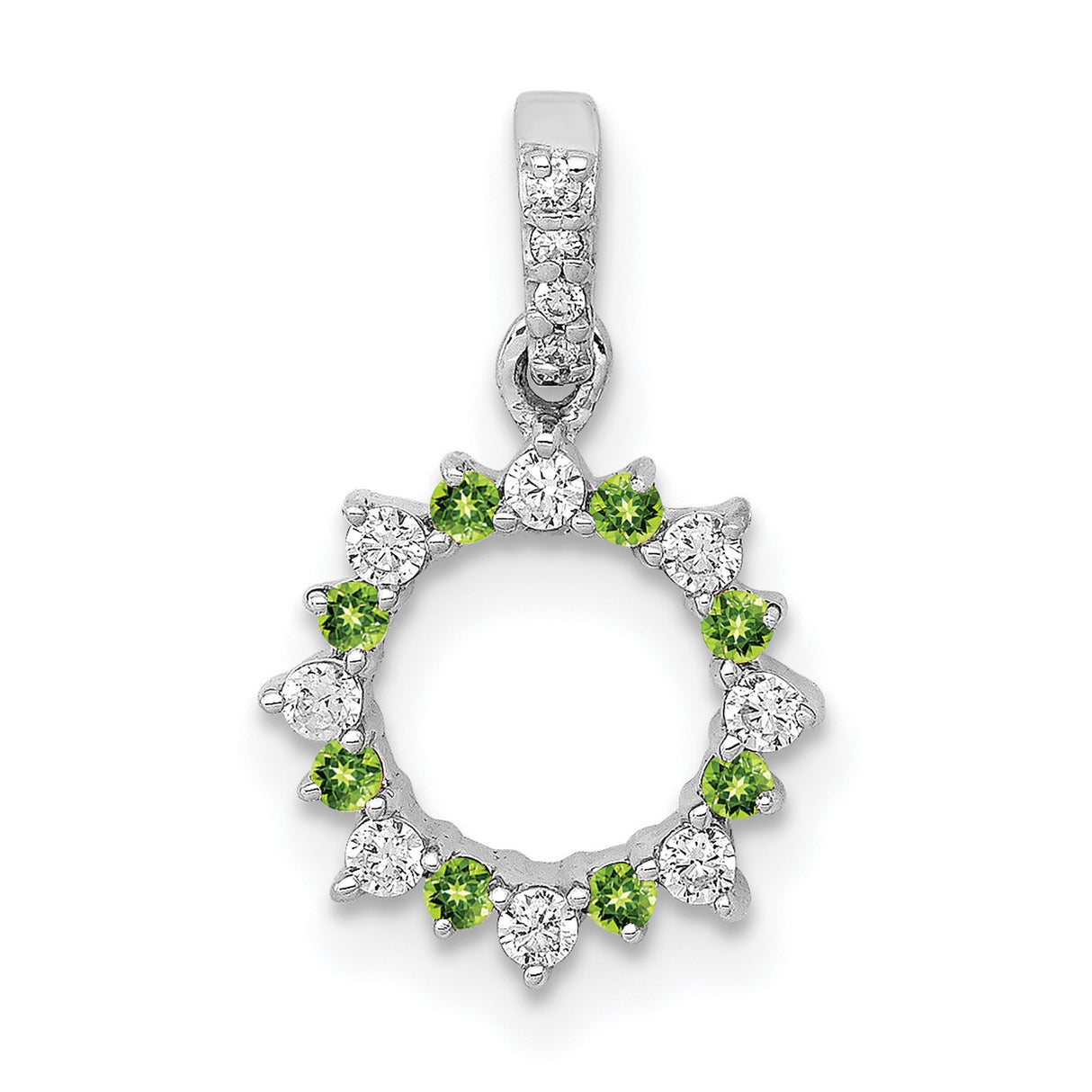 14k White Gold Sunburst Circle Pendant with Peridot and Diamond Gemstones