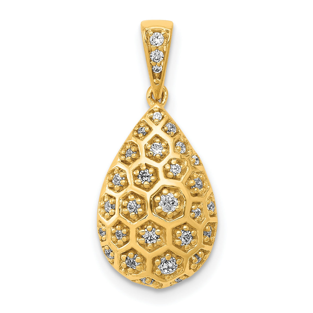 14k Yellow Gold Teardrop Pendant with Diamonds, Geometric Honeycomb Design for Women