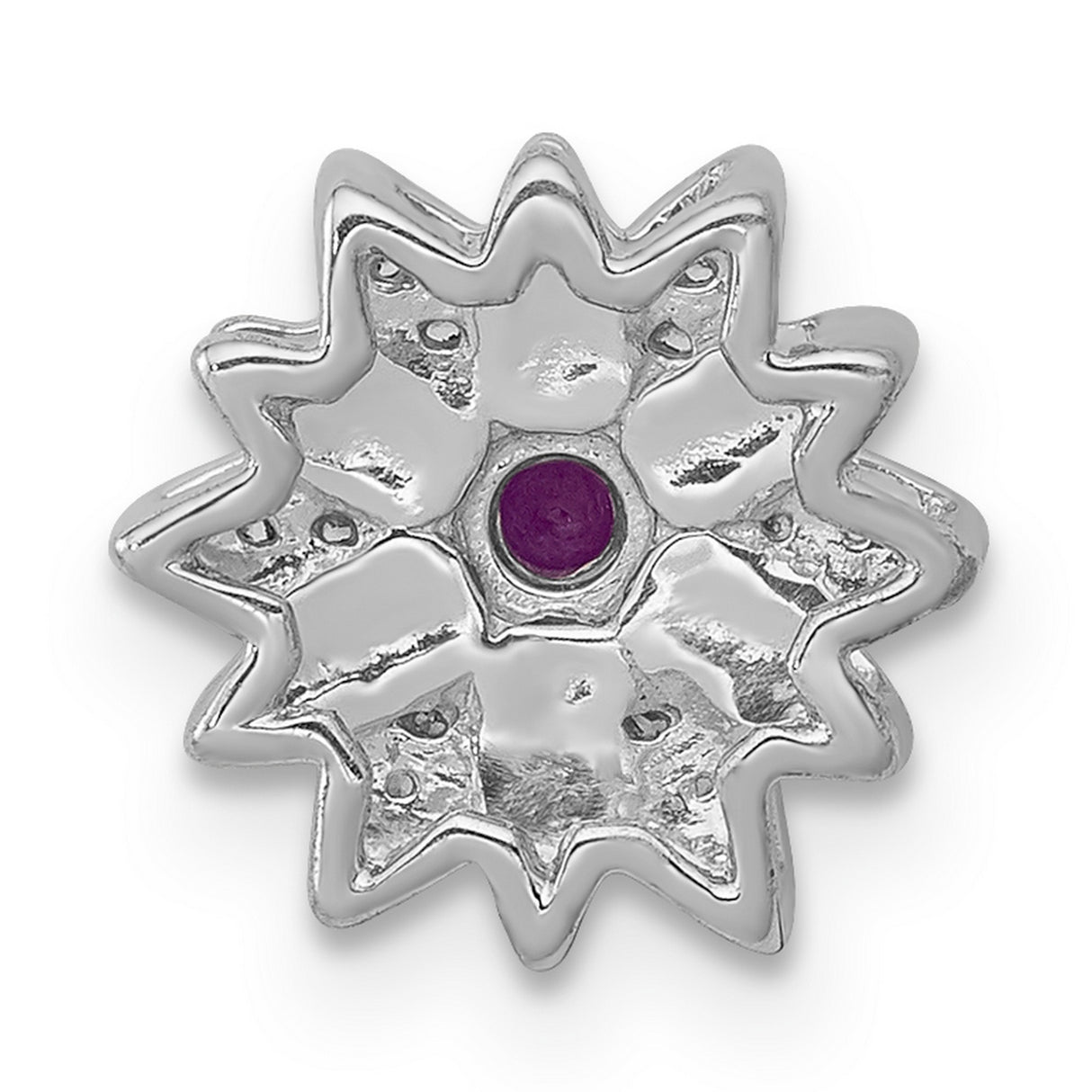 14k White Gold Flower Ring with Ruby Center and Diamond Accents