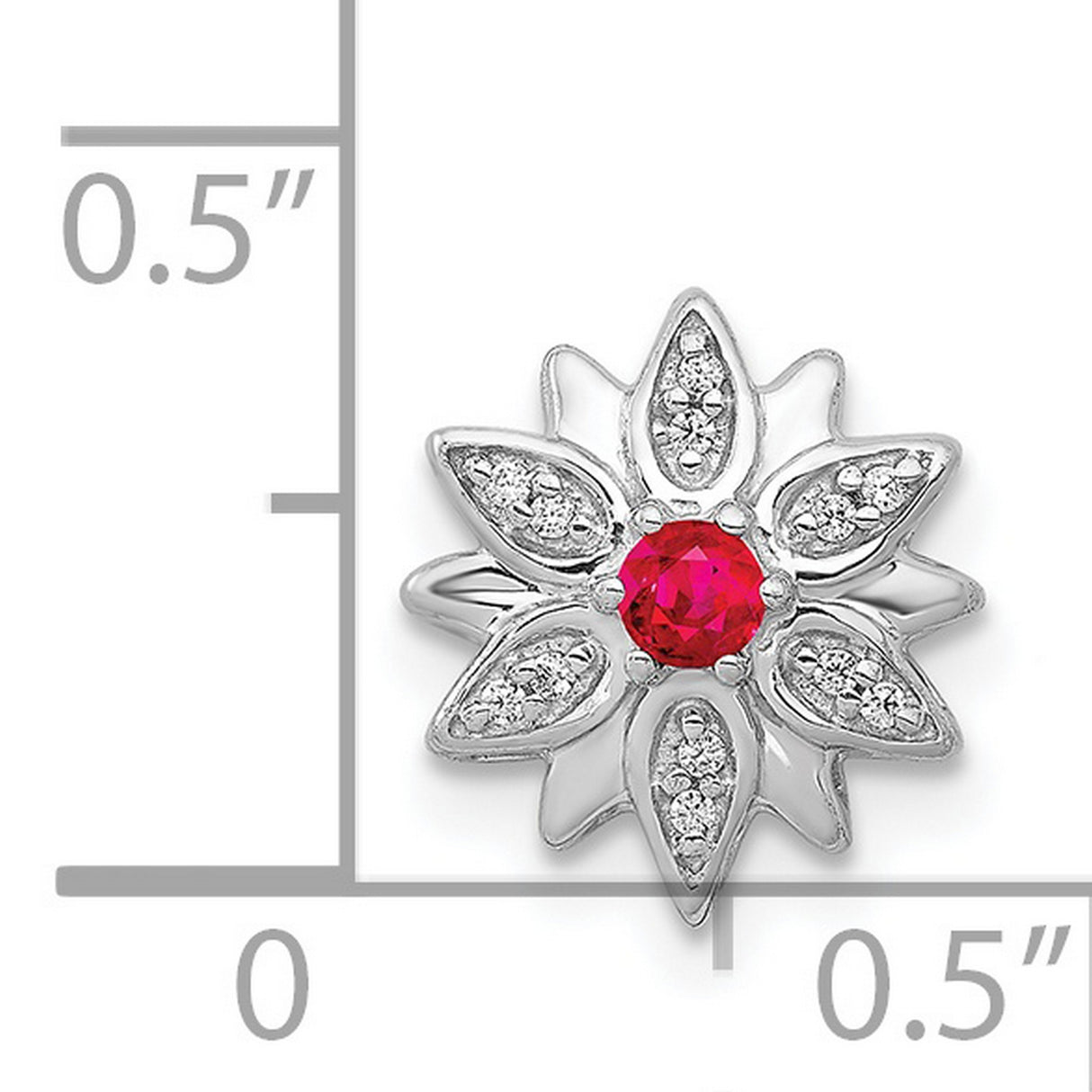 14k White Gold Flower Ring with Ruby Center and Diamond Accents