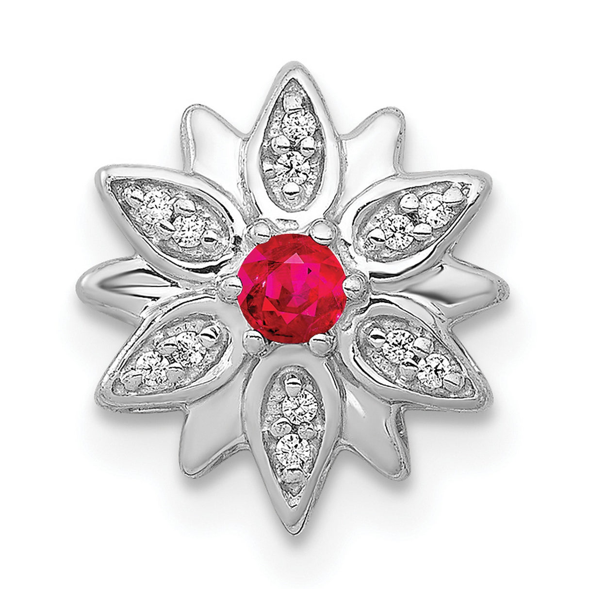 14k White Gold Flower Ring with Ruby Center and Diamond Accents