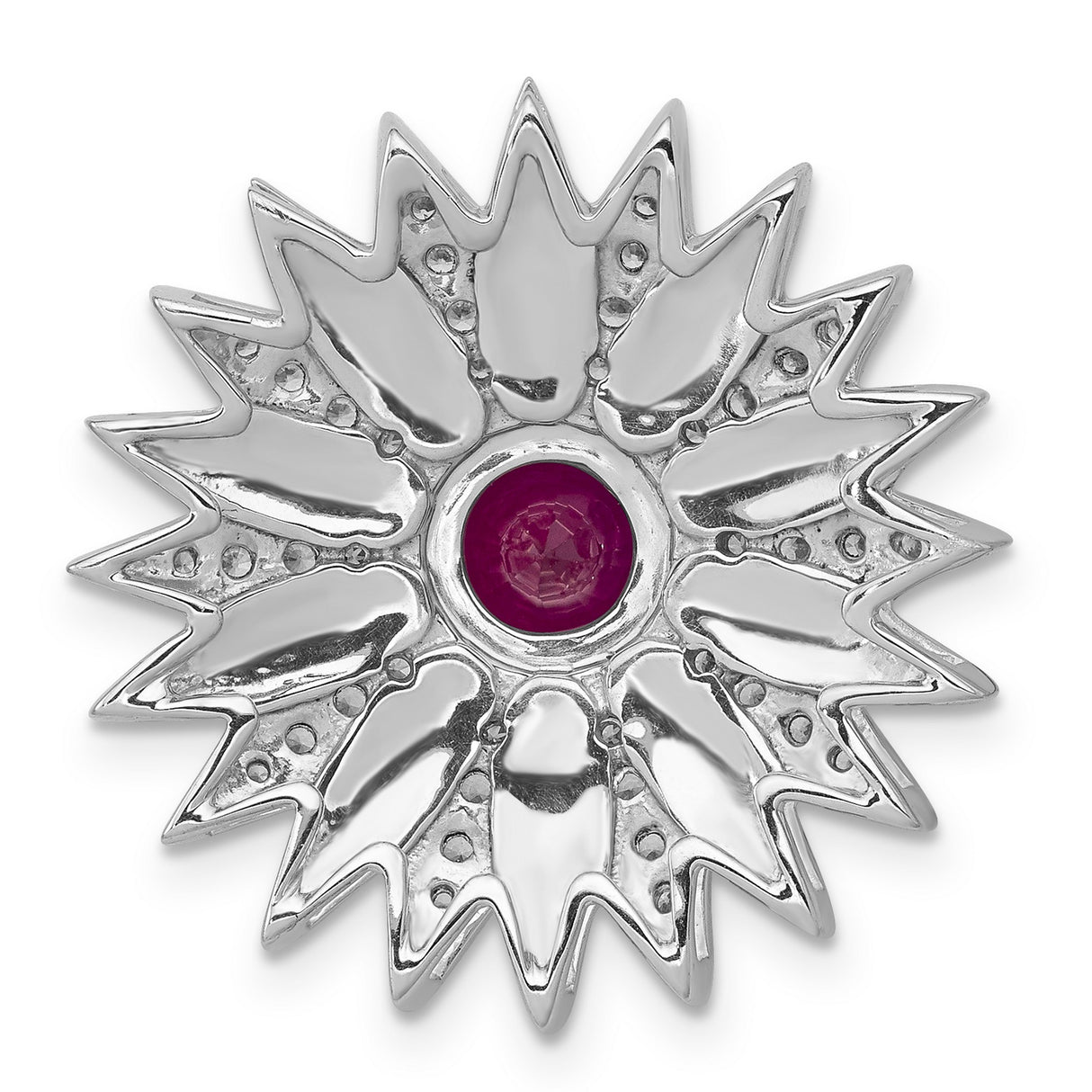 14k White Gold Floral Brooch with Ruby Center and Diamond Accents