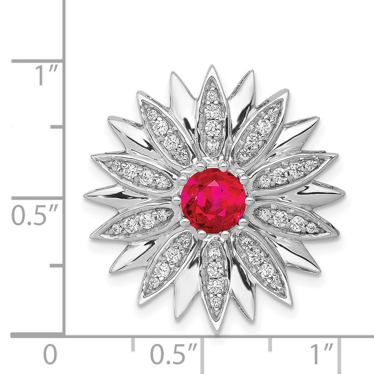 14k White Gold Floral Brooch with Ruby Center and Diamond Accents