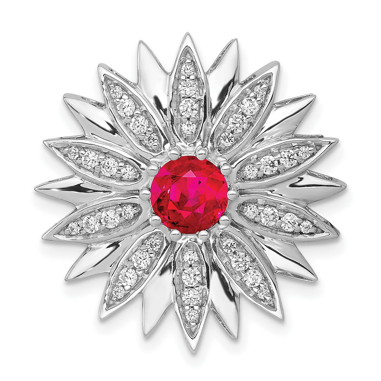 14k White Gold Floral Brooch with Ruby Center and Diamond Accents