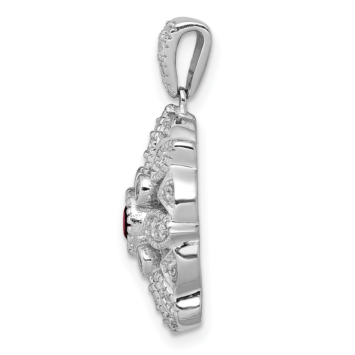 14k White Gold Pendant with Garnet Center and Diamond Accents, Floral Snowflake Design for Women
