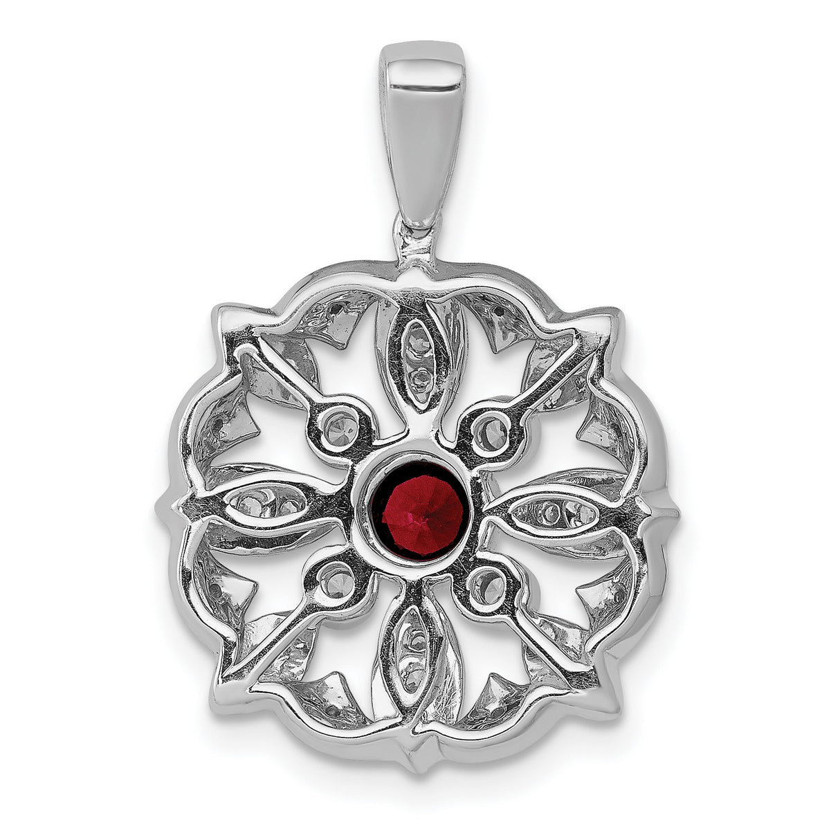 14k White Gold Pendant with Garnet Center and Diamond Accents, Floral Snowflake Design for Women