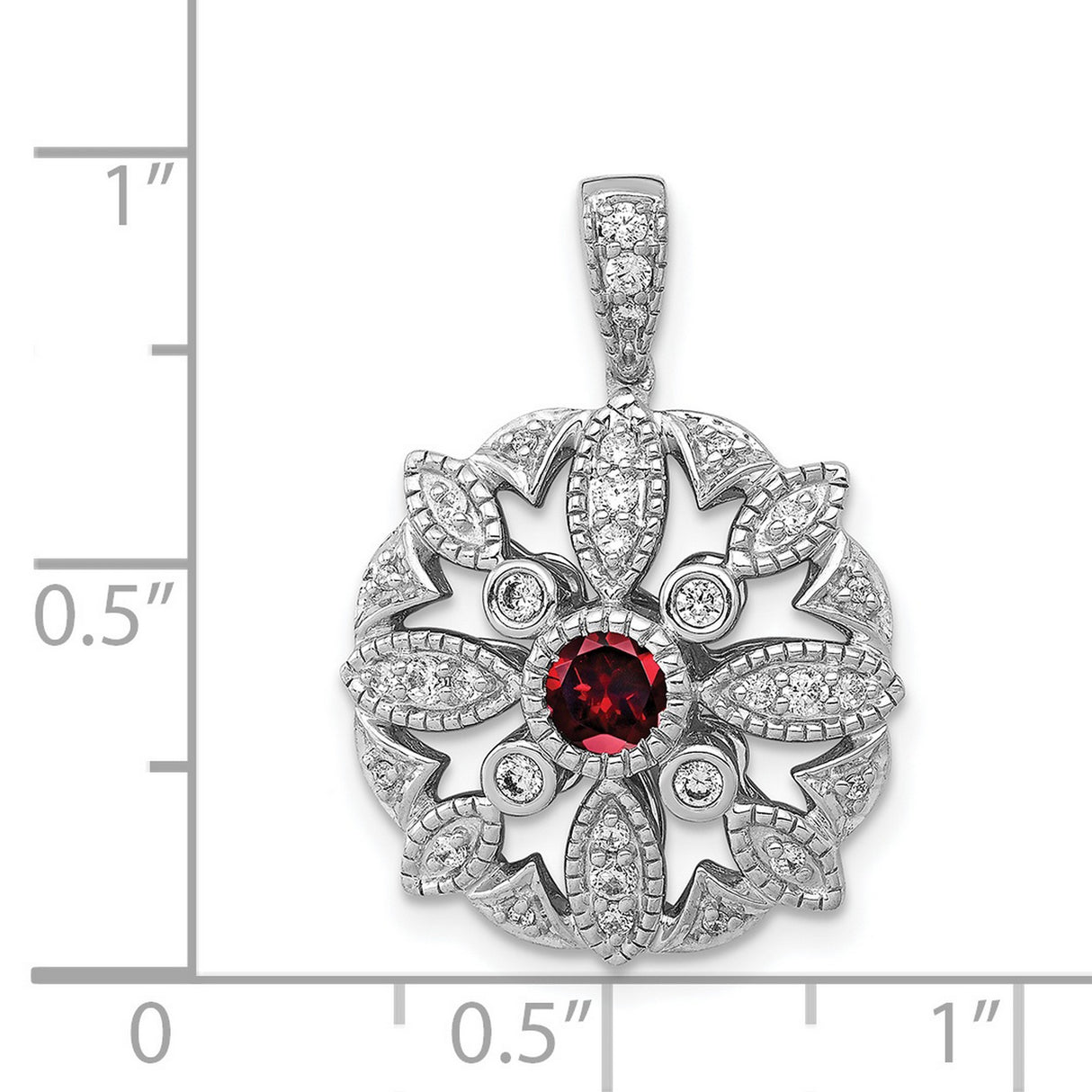 14k White Gold Pendant with Garnet Center and Diamond Accents, Floral Snowflake Design for Women