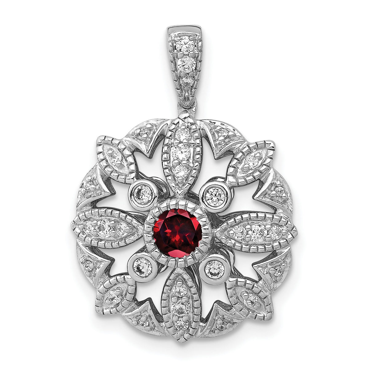 14k White Gold Pendant with Garnet Center and Diamond Accents, Floral Snowflake Design for Women