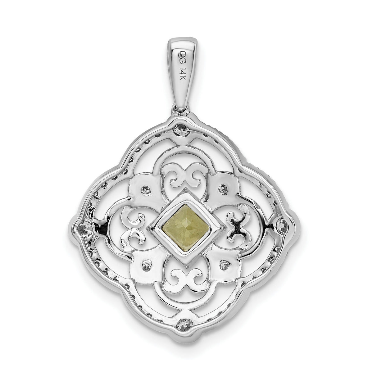 Diamond and .40 Peridot Fancy Filigree Charm Pendant in Real 14k White Gold