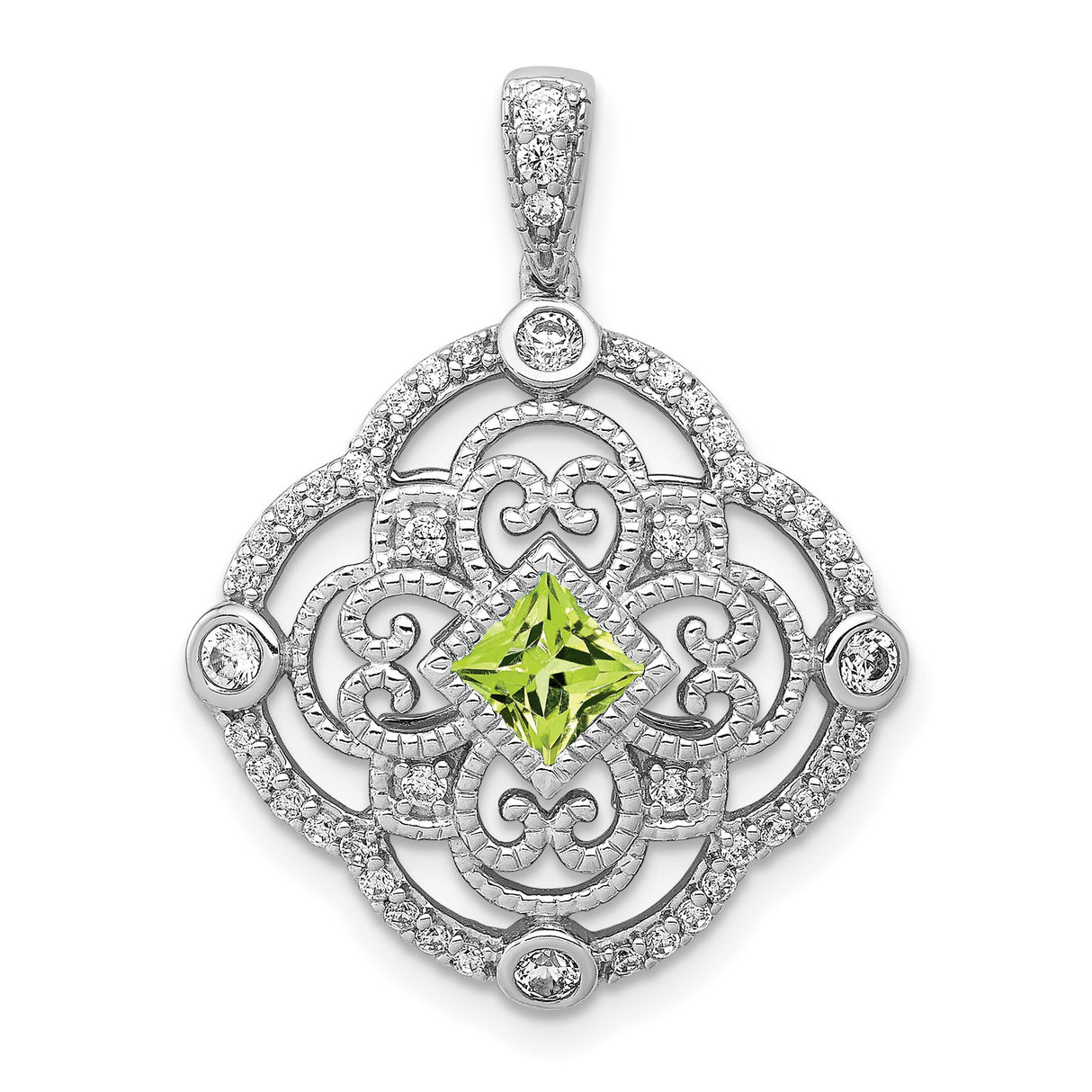 Diamond and .40 Peridot Fancy Filigree Charm Pendant in Real 14k White Gold