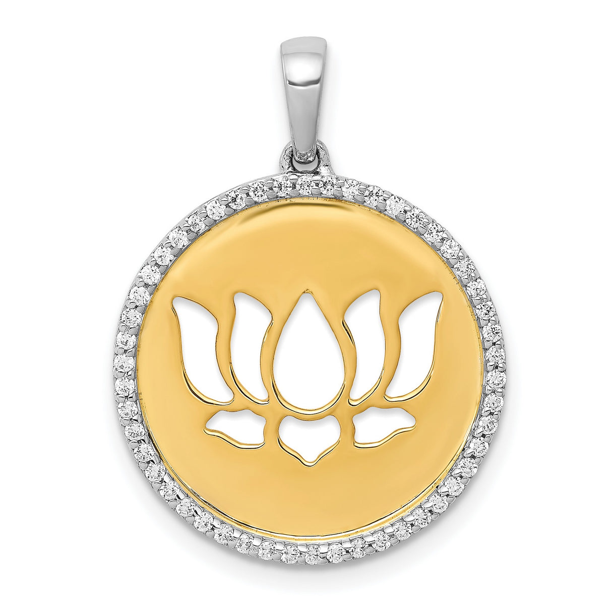 14k Two-Tone Gold Lotus Flower Pendant with Diamond Cut Accents, Spiritual Medallion for Women