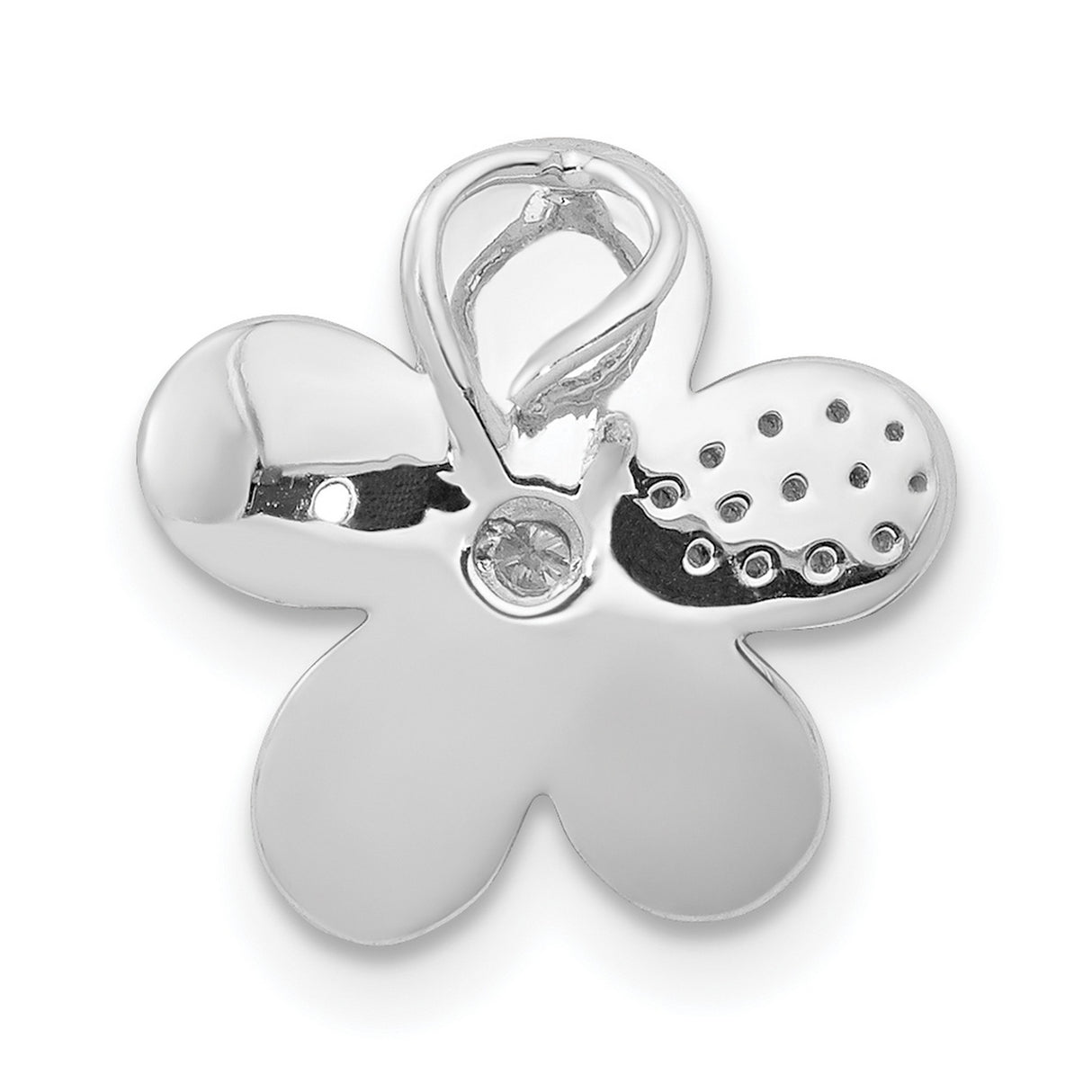 14k White Gold Flower Pendant with Diamond Accented Center and Polished Petal Design