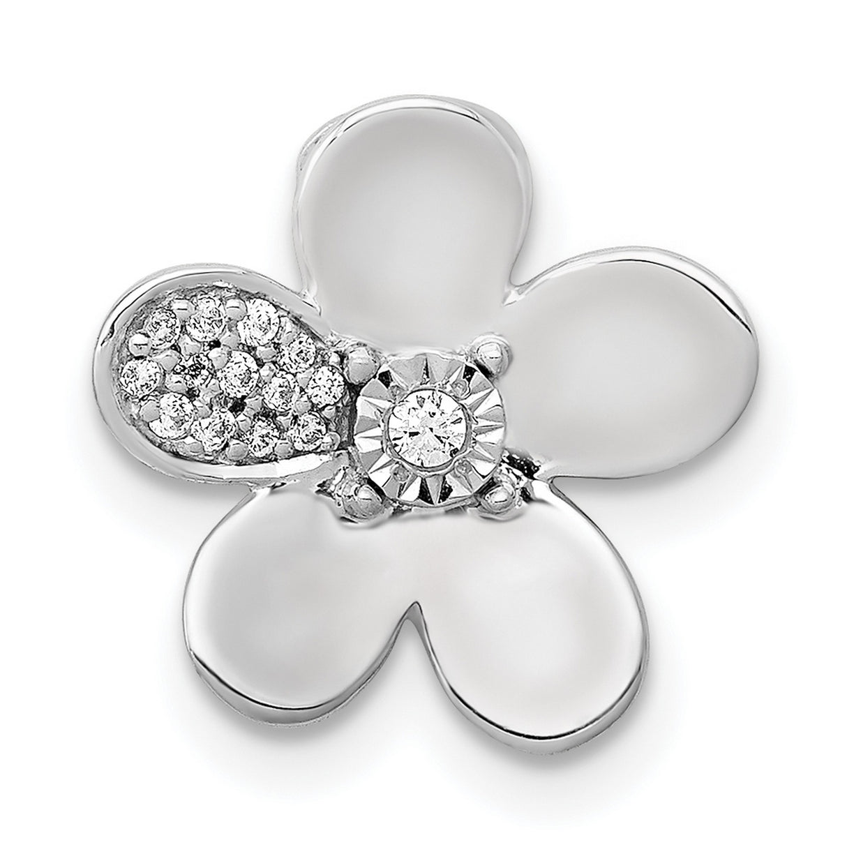 14k White Gold Flower Pendant with Diamond Accented Center and Polished Petal Design