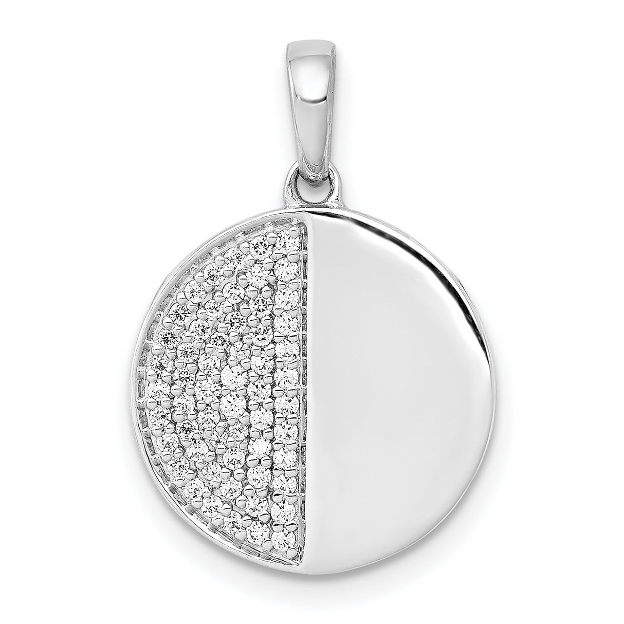 14k White Gold Round Pendant with Half Pave Diamond Accent, Minimalist Balance Design